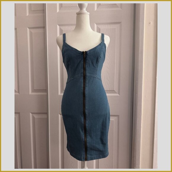 Haute Monde Denim Bodycon Zip Front Mini Dress Size M - Picture 3 of 12